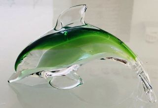 Murano Style Art Glass Hand Made 5” Dolphin Figurine Sculpture Green White Clear