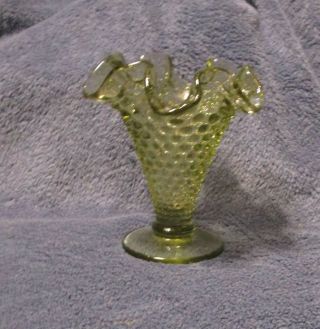 Vintage Fenton Green Hobnail Vase,  3952,  Double Crimped Vase 4 " Tall