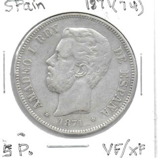 Spain 1871 (1874) 5 Pesetas Silver Coin Km - 666 Toned Vf/xf