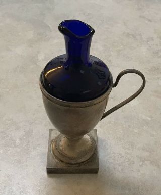 Antique Cobalt Blue Glass Silver Water Pitcher Carafe Decanter I.  F.  S.  Ltd 5.  25”