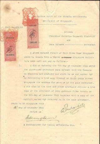 Straits Settlements Document Malaya Singapore $ 1,  25 C.  Judicial Revenues 1901