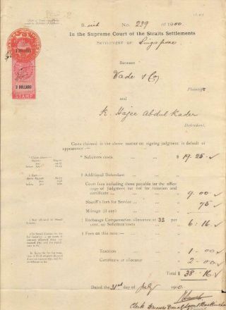Straits Settlements Document Malaya Singapore $ 3 Judicial Revenue 1900 Fiscal