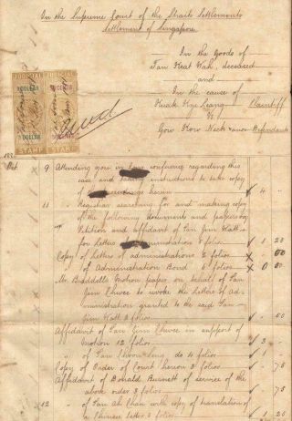 Straits Settlements Document Malaya Singapore $ 1,  50 C.  Judicial Revenues 1881