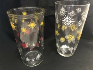 Two Vintage Glass Tumblers Atomic Starburst Mid Century Yellow Red White
