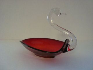 Vintage Viking Swan Console Bowl Ruby Red And Clear Glass Hand Blown