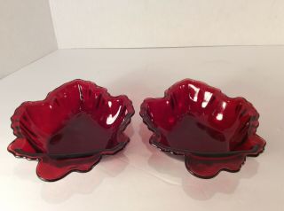 (2) Vintage Anchor Hocking Royal Ruby Red Glass Leaf Dessert Bowl Candy Dishes