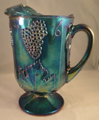 Carnival Glass Pitcher Blue Footed Vintage Indiana Grape Harvest Iridescent