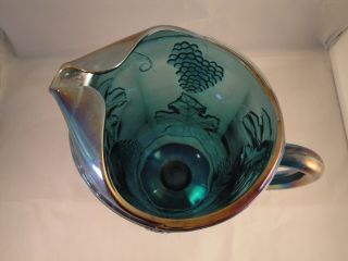 CARNIVAL GLASS Pitcher Blue Footed Vintage Indiana GRAPE HARVEST Iridescent 2