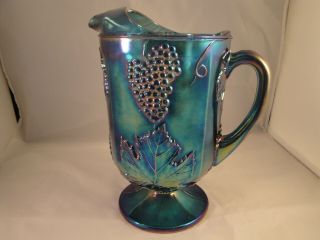 CARNIVAL GLASS Pitcher Blue Footed Vintage Indiana GRAPE HARVEST Iridescent 3