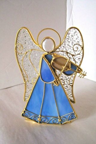 Hand Crafted Stained Glass Winged Angel W Violin Votive Candle Holder