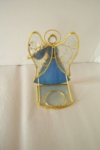 Hand Crafted Stained Glass Winged Angel w Violin Votive Candle Holder 2