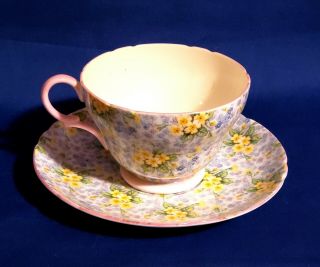 Shelley “primrose” Chintz Cup & Saucer 13586 Pink Handle And Trim - Exc