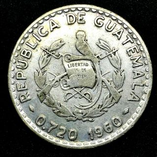 1960 Guatemala 25 Centavos Coin - Km 263 -.  720 Silver.