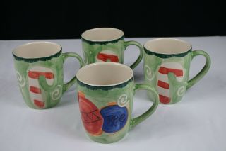 Studio 33 Christmas Mugs Candy Cane Ornaments Green Hand Painted 18oz - Set Of 4