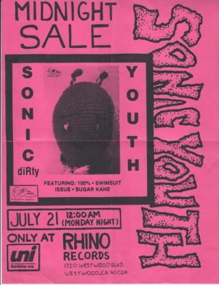 Flyer Of Sonic Youth Record Dirty At Midnight At Rhino Records