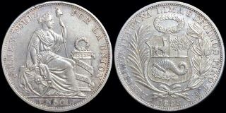 1893 Republica Peruana Peru Sol Km 196 Foreign Silver Coin Crown - Sized