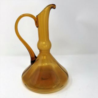 Vintage Hand Blown Glass Pitcher Amber 11” Tall Mid Century Modern Mcm 50’s / 60