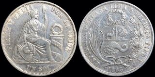 1865 Republica Peruana Peru Sol Km 196 Foreign Silver Coin Crown - Sized