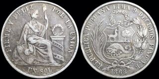 1868 Republica Peruana Peru Sol Km 196 Foreign Silver Coin Crown - Sized