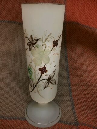 19th Century Vtg Hand - Painted Opaque Vase With Enamel Flowers Beading Gold Trim
