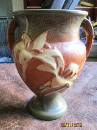 Great Antique Roseville Art Pottery Brown Rust Zephyr Lily 2 - Handled Vase 202 - 8