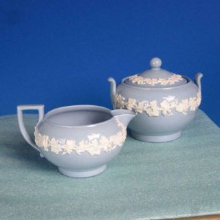 Wedgwood China Embossed Queensware Cream On Lavender - Creamer And Sugar Bowl