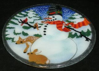 Peggy Karr Signed Fused Glass Art Glass Snowman Deer Rabbit Plate 11 1/8 "