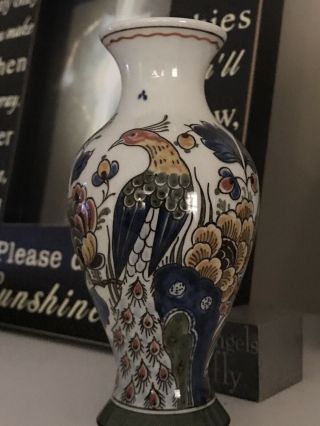 Vintage Royal Delft Porcelain Polychrome Vase Holland Signed Peacock Bird