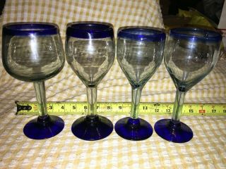 4 Vtg Hand Blown Glass Wine Goblets Stemware Mexican Cobalt Blue Lip Rim & Base