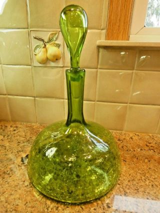 Vintage Mid Century Blenko Husted Bell Crackle Glass Decanter Bottle Green