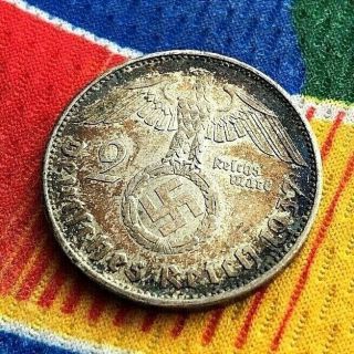 1937 A Au 2 Mark Wwii German Silver Coin 3rd Reich Reichsmark Coin 5 Toned