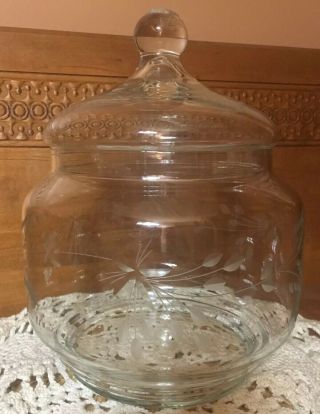 Vintage Clear Etched Glass Candy Cookie Biscuit Dish/jar W/domed Lid