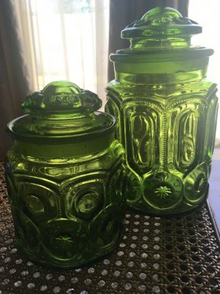 Set Of 2 Vintage Le Smith Green Glass Moon And Stars Canisters Jar With Lids