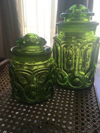 Set of 2 Vintage LE Smith Green Glass Moon and Stars Canisters Jar with Lids 2