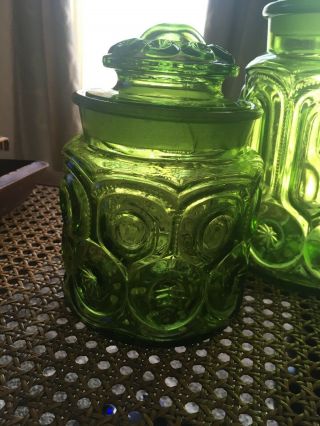 Set of 2 Vintage LE Smith Green Glass Moon and Stars Canisters Jar with Lids 3