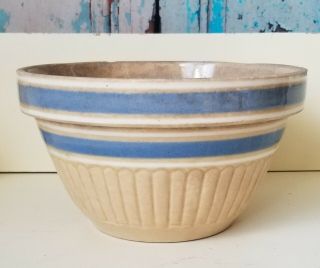 Antique Yellow Ware Fluted Mixing Bowl Blue Bands 7.  5 " Across 4.  5 " Tall