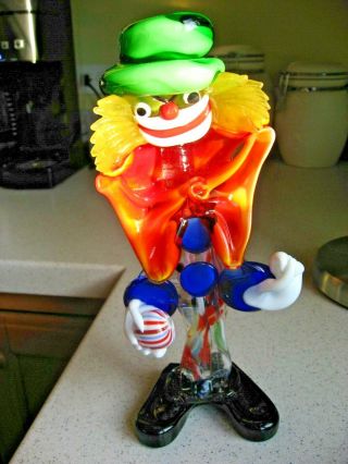 Murano Hand Blown Glass Colorful Clown Figurine - 9.  5 " T