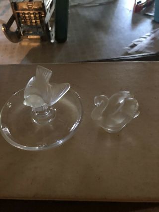 Vtg Lalique France Crystal Frosted Bird Art Glass Signed Ring Holder Dish & Swan