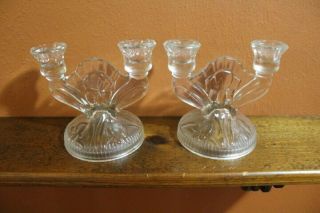 2 Vintage Depression Glass Jeannette Iris & Herringbone Double Candle Holder