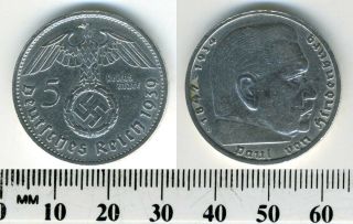 Germany - Third Reich 1939 B - 5 Reichsmark Silver Coin - Swastika - Hindenburg
