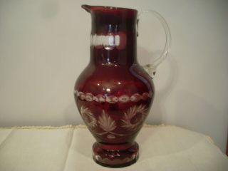 Vintage Red Cut To Clear Crystal,  Large Water Pitcher