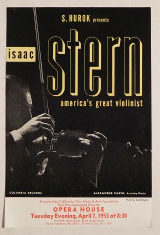 Isaac Stern Vintage Classical Handbill Sf Opera House 1953 Violin