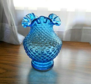 Vintage Fenton Art Glass Hobnail Crimped Ruffled Rose Bowl Vase Sapphire Blue