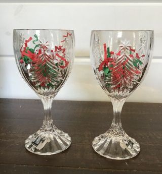 Mikasa Christmas Tree 6 3/4 " Crystal Water Wine Goblets Glasses - Set Of 2 - Nwt