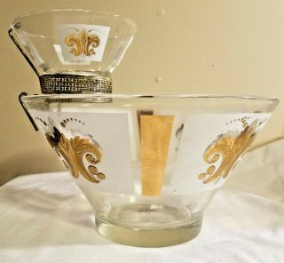 Vintage Glass Chip And Dip Set,  Gold Fleur De Lis And White Frosted Accents