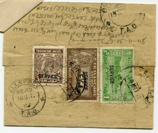 India (travancore) 1942 Officials ¾ch.  1ch & 3ch On Envelope Registered