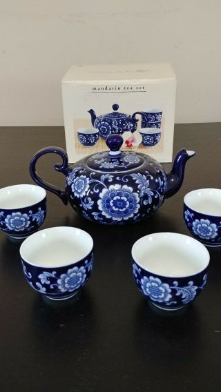 Pier 1 Mandarin Teapot And 4 Cups Cobalt Blue And White Porcelain Tea Set.  Openbo