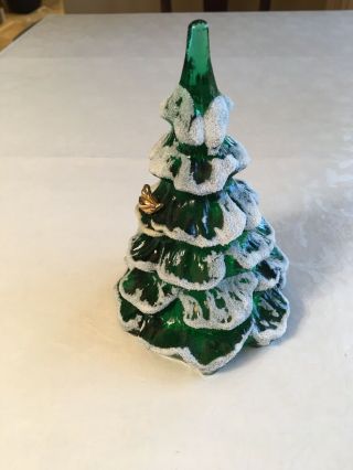 Fenton Green Christmas Tree With Snow And Bird 6 1/4 Inches Tall