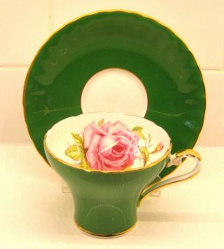 Aynsley Pink Cabbage Rose On Corset Shape Gloss Green Tea Cup And Saucer C957