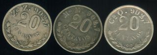 1900 Cn Q,  1900 Mo M &1900 Zs Z Silver 20 Centavos